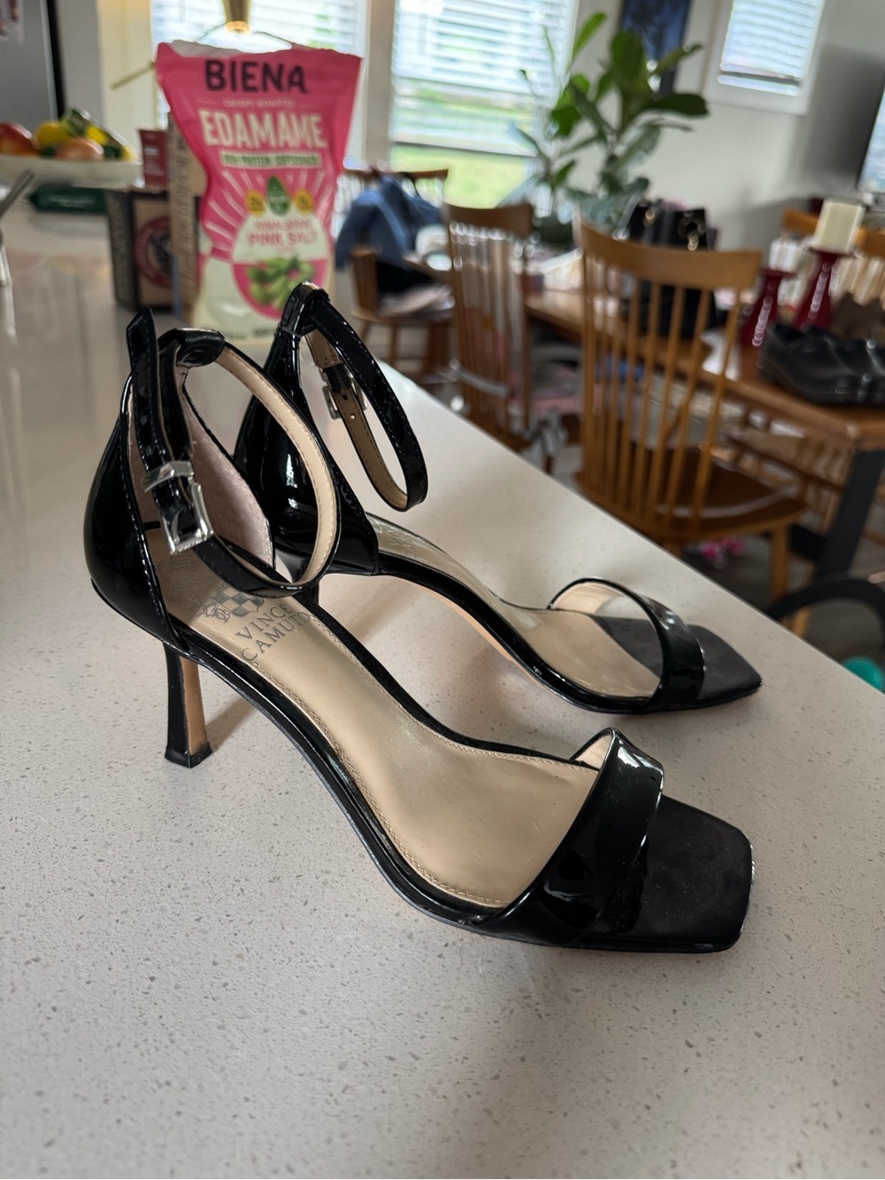 Vince Camuto Black Patent Open-Toe Ankle-Strap Heels